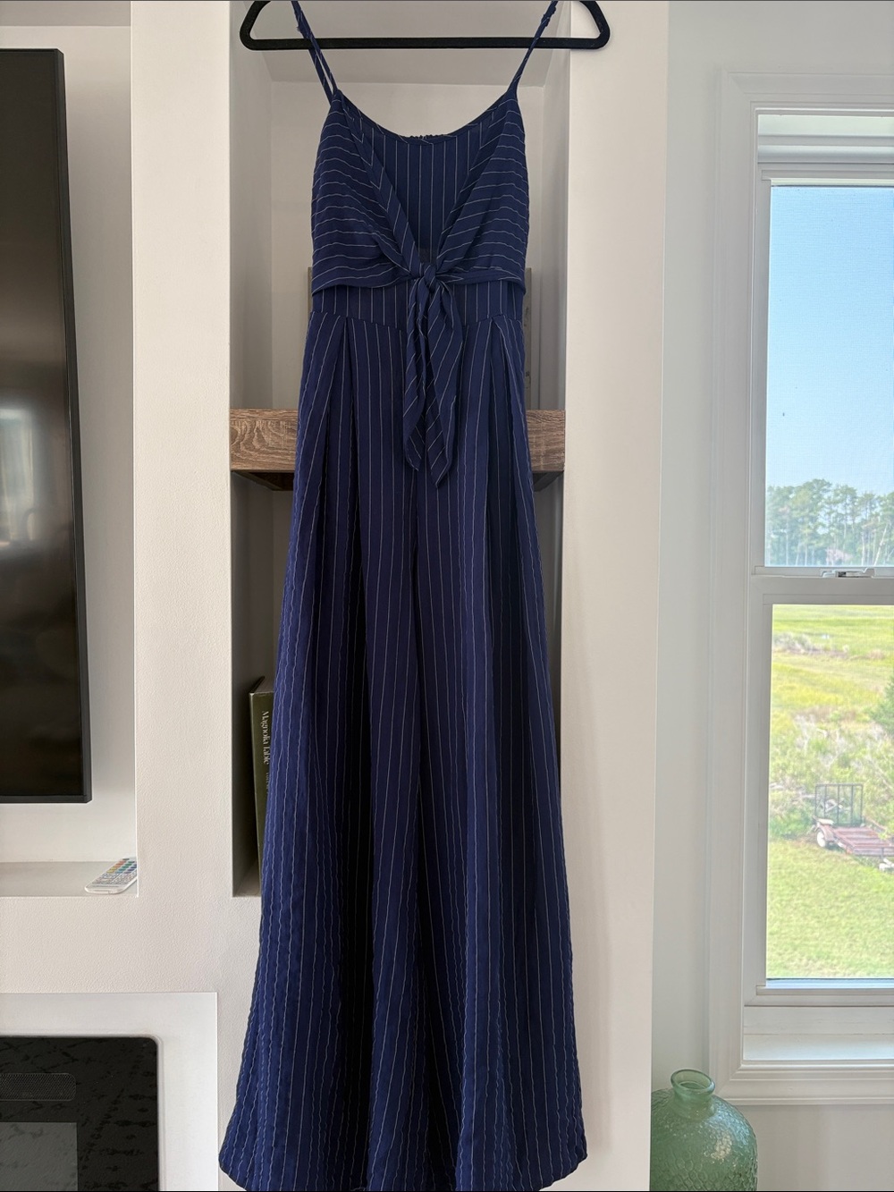 Flying Tomato Navy Pinstripe Tie-Front Jumpsuit